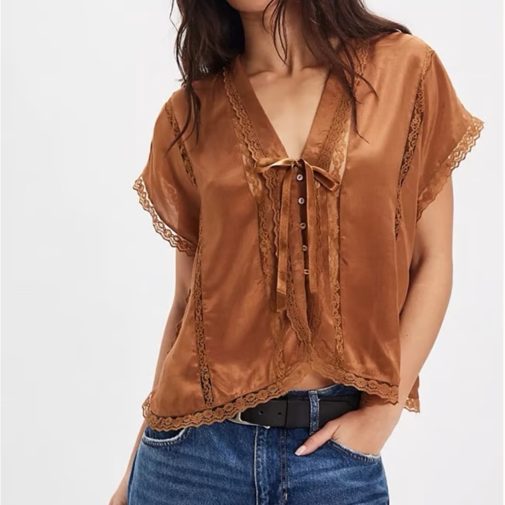 Free People Toffee Lace Trim Blouse